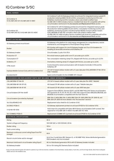 X-IQ-AM1-240-5 400A current measurement datasheet listing Enphase IQ Combiner 5 specifications and accessories.