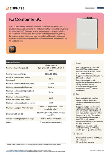 Enphase IQ Combiner 6C X-IQ-AM1-240-6C-3BRK smart load center datasheet for solar, battery, and EV integration.