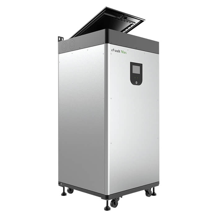 Metallic storage unit with digital display on a white background