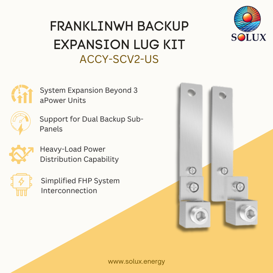 Solux Franklinwh Backup Expansion Lug Kit (ACCY-SCV2-US) featuring two silver metal expansion lugs with mounting brackets, presented on a split white and yellow background with product features listed on the left.