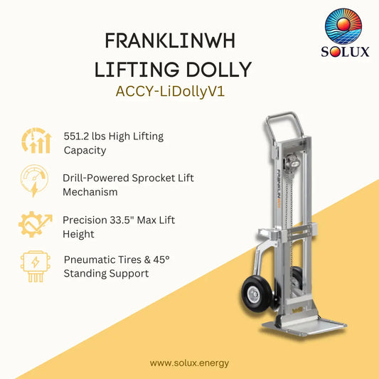 A promotional product graphic for the Solux Franklinh Lifting Dolly, model ACCY-LiDollyV1. The image features a silver metal hydraulic lifting dolly with black wheels on the right, set against a split cream and mustard yellow background.