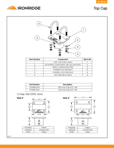 Technical diagram of a top cap assembly with component labels and specifications, featuring Ironridge branding.