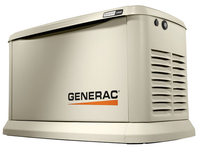 A Generac portable generator shown at a three-quarter angle on a plain white background. The unit is beige with the Generac logo in black and orange on the front, and a smaller model badge on the top edge.