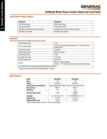 A technical specification sheet for the Generac GenReady Whole House Transfer Switch and Load Center, showing product options, functions, and specifications for models RKS2000T, RKS2500T, and RKS3000T on a white background.