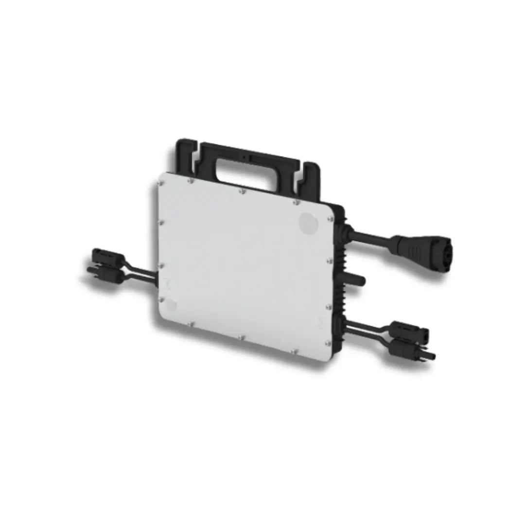 Hoymiles microinverter 700VA, a rectangular electronic module with a white front face and black side components, including a handle on top and two connector plugs extending from the sides, shown on a white background.