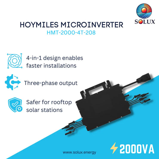 HOYMILES Microinverter HMT-2000-4T-208 by Solux, a 2000VA three-phase output inverter shown on a white and blue promotional graphic with feature icons and text.