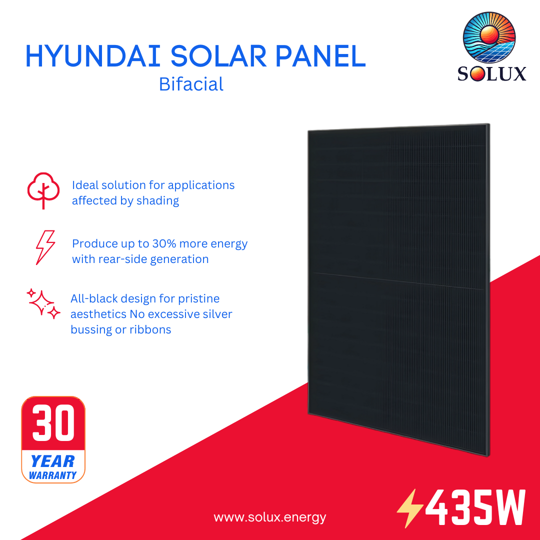 This is an image of 435 Watt Solar Panel Hyundai HIN-T435NF(BK) Half-Cut Bifacial