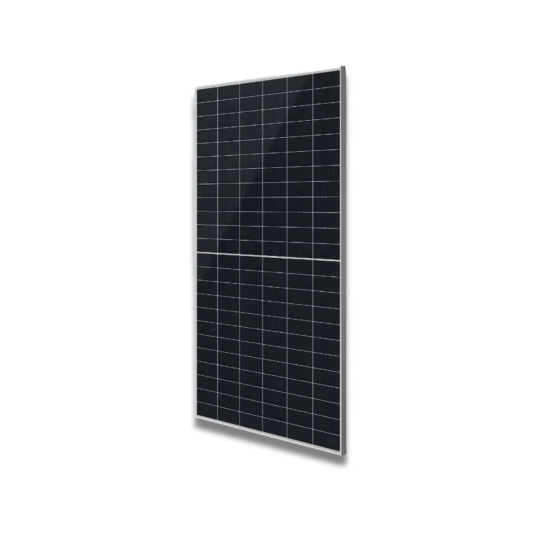 Product image of HiN-T595NI, a Hyundai 595W N-Type bifacial solar panel, silver frame, 144 half-cut cells.