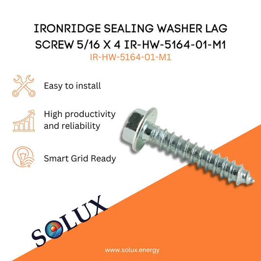 Sealing Washer Lag Screw 5/16 X 4 IR-HW-5164-01-M1 zinc-plated structural fastener featuring a hex head and integrated sealing washer for watertight solar attachments.