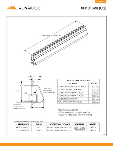 Profile view of an XR-10-168B ironridge xr rail, highlighting the 14ft black anodized aluminum beam design for low-profile solar mounting.