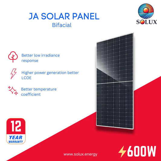 JA Bifacial Solar Panels 600W Silver Frame (JAM72D40), 600W, MBB TOPCon technology, 12-year warranty.