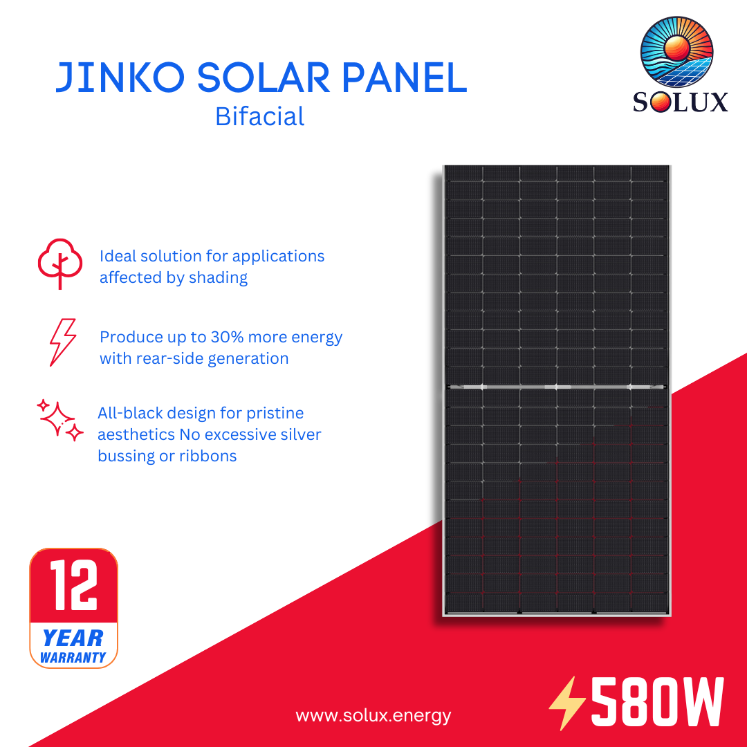 This is an image of Jinko 580 Watt Solar Panel 144 Half-Cell Silver Frame Bifacial JKM580N-72HL4-BDV