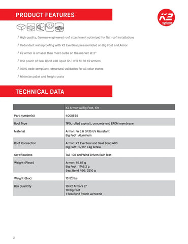 A product information sheet page for K2 Armor waterproofing, showing product features and technical data in a table format with red headers on a white background.