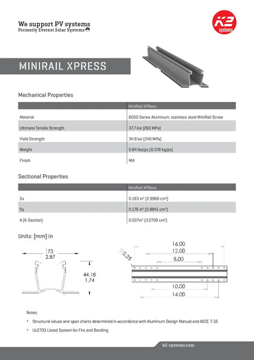 4000667 k2 systems base a Technical specifications of K2 Minirail Xpress PV system component on a white background
