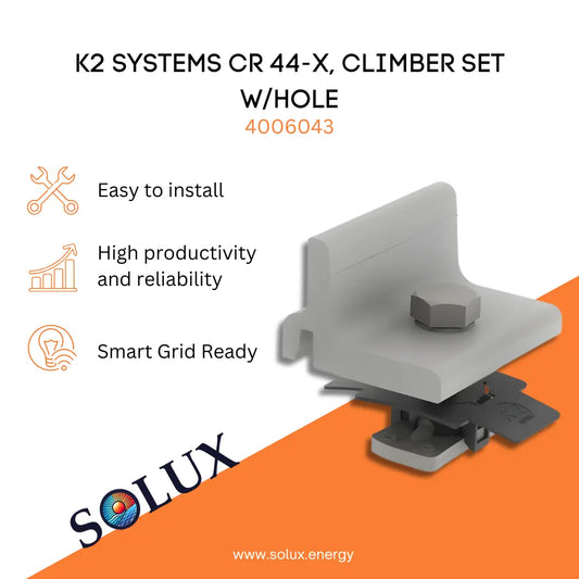 Climber Set w/ Hole CR 44-X K2 Systems (4006043) featuring a L-shaped aluminum bracket with a pre-drilled hole, hex bolt, and a T-bolt assembly for secure rail attachment.
