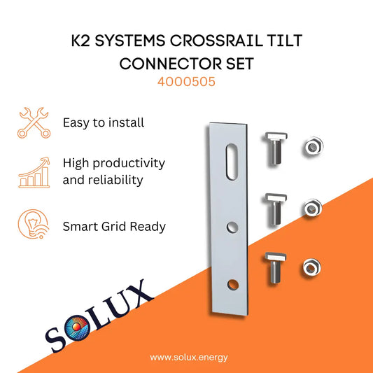 Tilt Connector Set for K2 Systems CrossRail (4000505) featuring an aluminum splice plate with three pre-drilled holes, accompanied by three T-bolts and three hex nuts for rail-to-rail structural connection.
