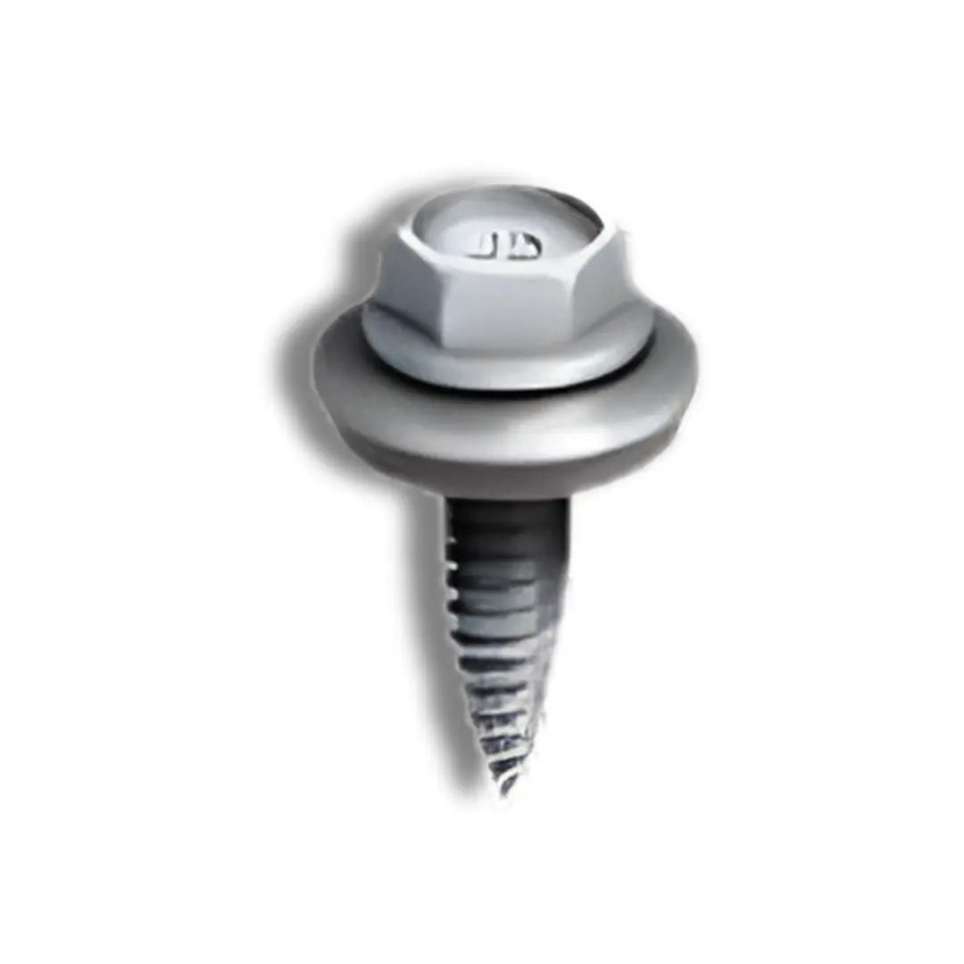 Close-up of a K2 Systems MiniRL stainless steel screw (4000672) featuring a self-drilling tip, hex head, and a thick integrated EPDM sealing washer for watertight solar mounting.