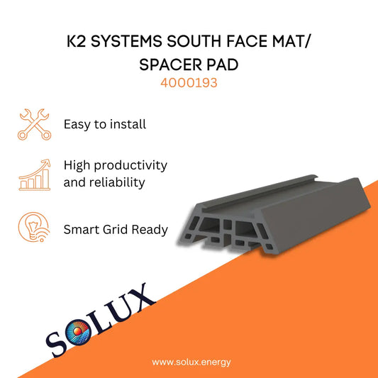 K2 Roof Protection Pads South Face Mat Spacer Pad (4000193) product graphic featuring a stackable grey polymer spacer against an orange and white background with installation benefit icons.