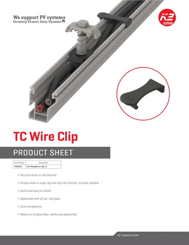 Technical product sheet for the 4000069 wire management clip, illustrating how the glass fiber reinforced polyamide clip snaps into the top rail channel for tool-free solar cable organization.