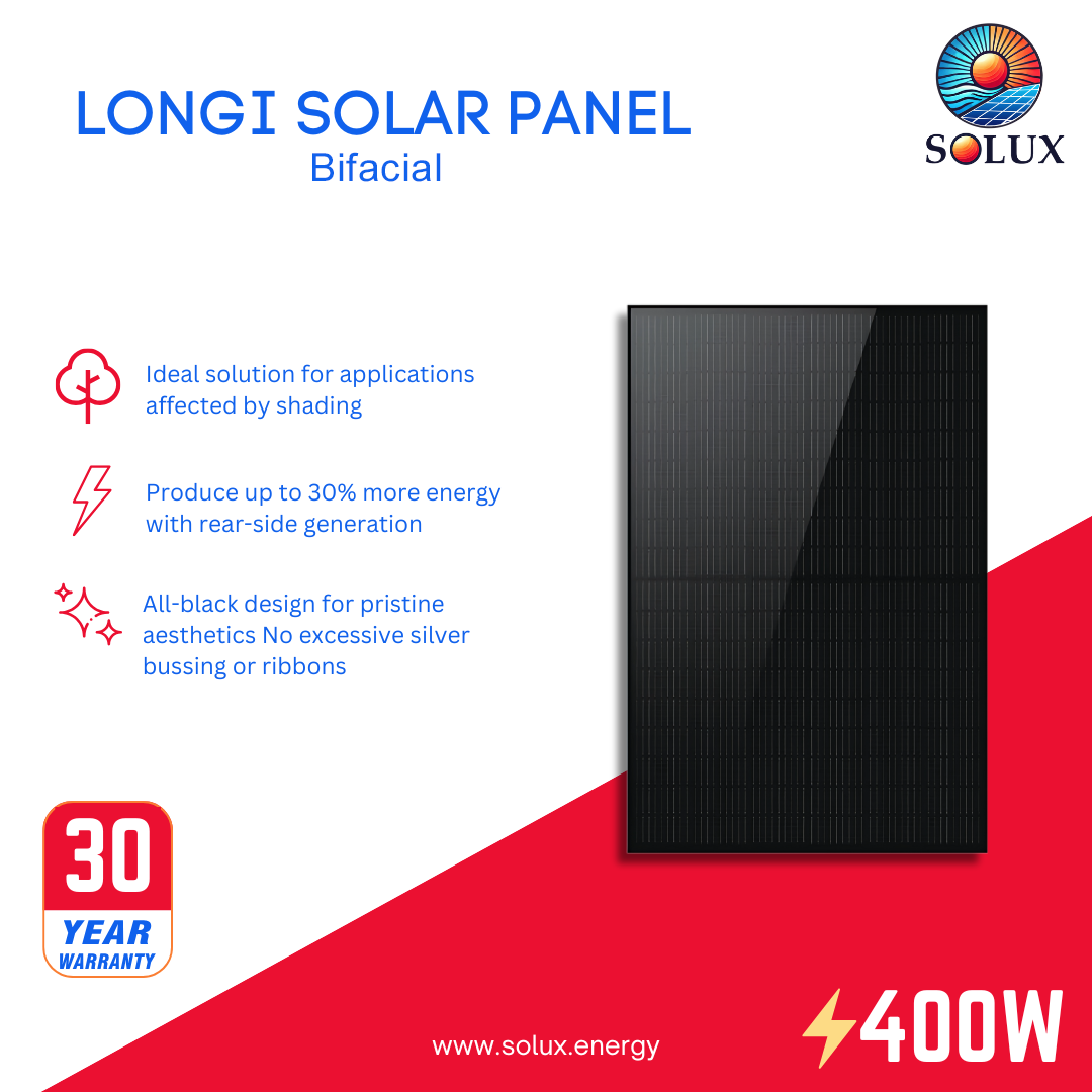 This is an image of Longi Solar LR5 54HABB 400M 400W Bifacial Solar Panel