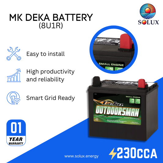 This is an image of MK Deka 8U1R 12V 230 CCA Battery FLA