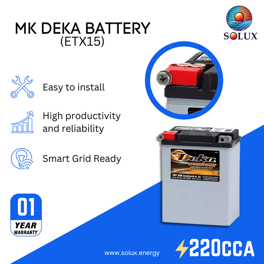 This is an image of MK Deka ETX15 12V AGM Battery