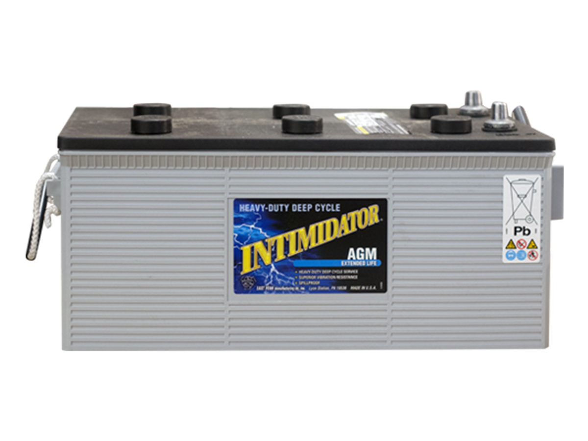 A gray AGM deep cycle battery labeled 'INTIMIDATOR' with product details and branding on the label.