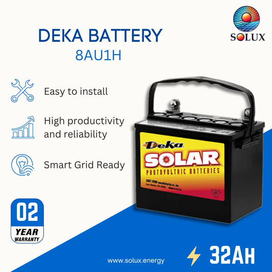 A Deka Battery 8AU1H solar photovoltaic battery by Solux, shown on a white and blue promotional background with feature icons and text including 'Easy to install,' 'High productivity and reliability,' 'Smart Grid Ready,' '02 Year Warranty,' and '32AH.'.