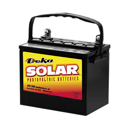 A black Deka Solar AGM battery with a built-in handle, featuring yellow and red label with product information.