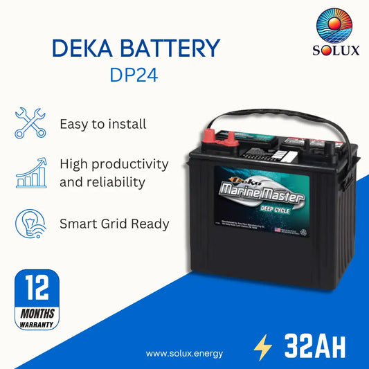 A DEKA Marine Master DP24 deep cycle battery shown on a promotional graphic background with text highlighting features like easy installation, high productivity, smart grid readiness, a 12-month warranty, and 32Ah capacity. The Solux brand logo is visible in the top right.