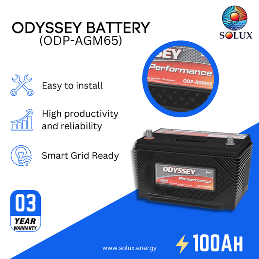This is an image of Odyssey Deep Cycle Battery 100Ah 12V ODP-AGM65