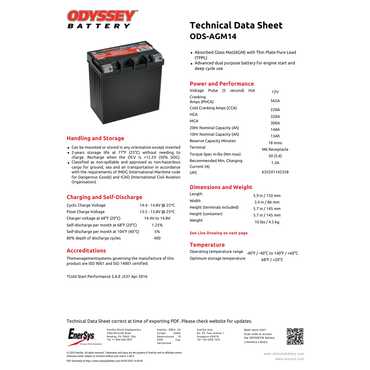 ODS-AGM14 220 cca atv battery