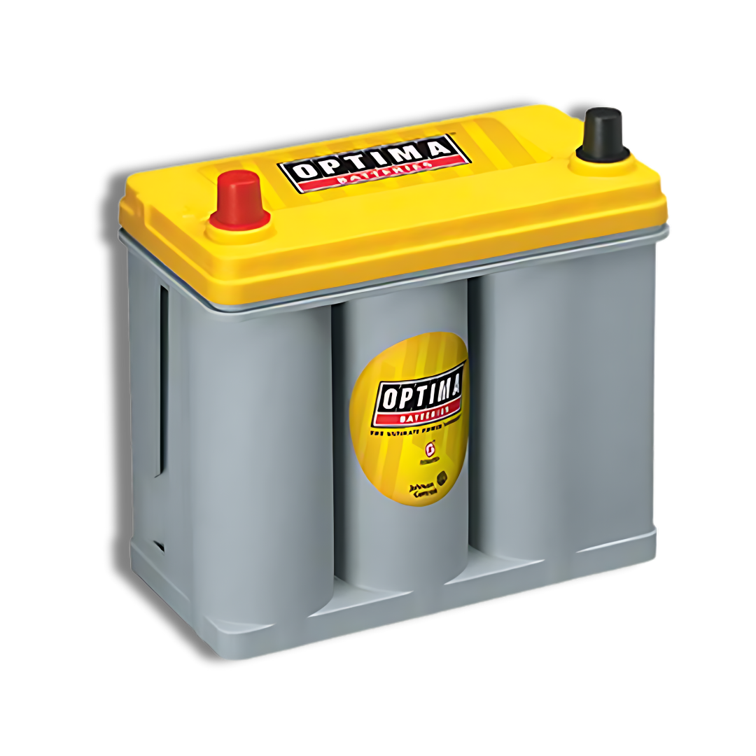 Single product image of Optima battery with yellow cover on a white background