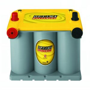 Single product image of Optima D75/25 battery with yellow top and red and black terminals on a white background