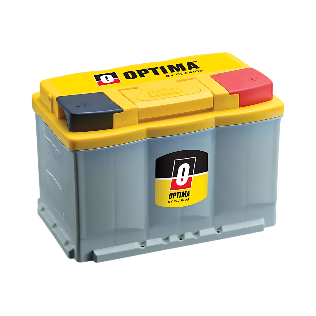 Single product image of Optima battery with yellow cover on a white background