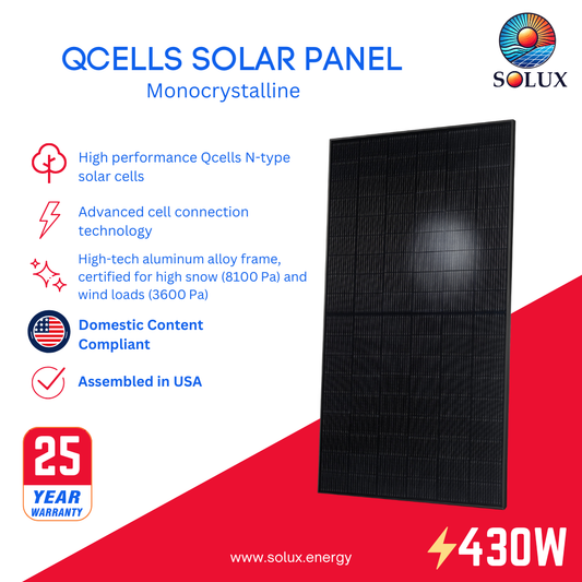 Qcells Q.TRON-BLK-M-G2.H+ 430W q cells monocrystalline graphic: Assembled in USA, Domestic Content, 25-year warranty.