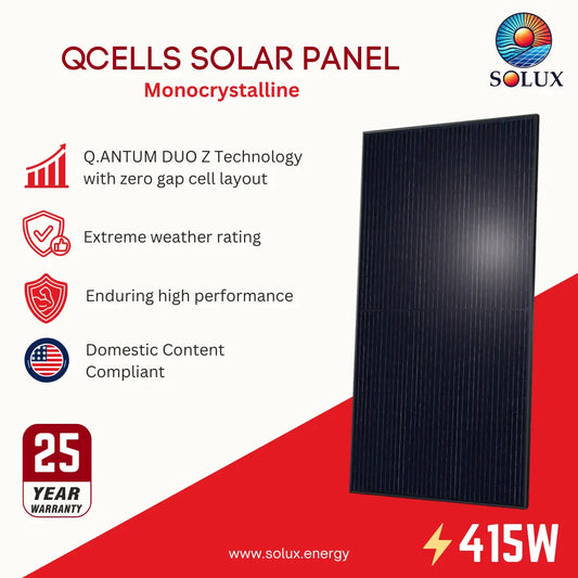 A promotional graphic for a QCells solar panel monocrystalline model, showing a tall dark rectangular panel on the right and marketing text and icons on the left on a white and red background. The Solux logo is visible in the top right. This product is also a domestic content eligible