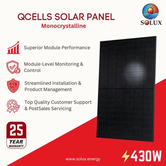 A promotional graphic for a QCells solar panel monocrystalline model by Solux. The image features a large black solar panel on the right, with marketing text and icons on the left highlighting features like superior module performance, module-level monitoring, streamlined installation, and a 25-year warranty.