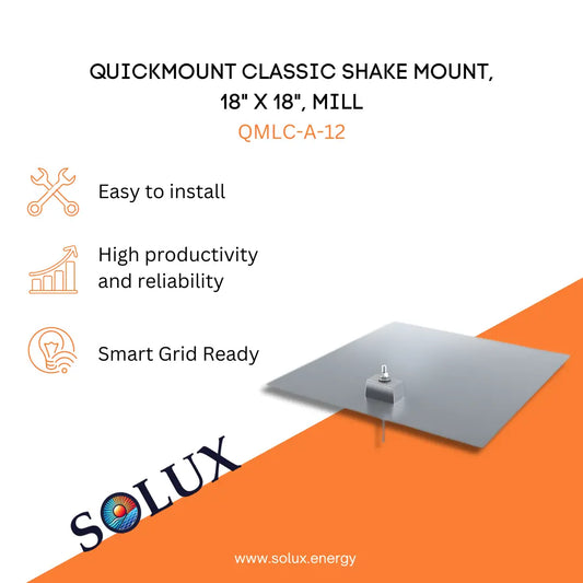 Marketing graphic for the QuickMount Aluminum Share Roof, Classic, 18" x 18", Mill (QMLC-A-12), featuring a large mill-finish aluminum flashing plate with an integrated mounting block and hanger bolt for cedar shake roofs. The image includes SOLUX branding and icons for easy installation, high productivity and reliability, and smart grid readiness.