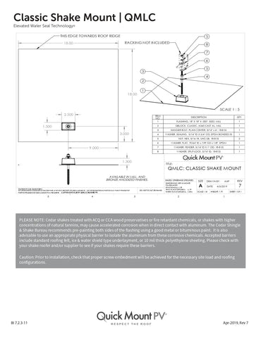 Technical engineering drawing for the QMLC-A-12 Cedar Shake Solar Mount (Quick Mount PV Classic Shake Mount), featuring an 18" x 18" mill-finish aluminum flashing plate with Elevated Water Seal Technology®. The diagram includes an exploded assembly view detailing a 5/16" x 6" stainless steel hanger bolt, an A360 cast aluminum QBlock, and various EPDM bonded sealing washers and hex nuts for secure roof integration.