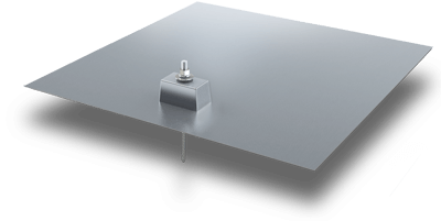 Product image of QMLC-A-12: 3D rendering of a silver aluminum solar mounting assembly featuring a flat square flashing plate with a raised central rectangular pedestal, a vertical threaded stud with a washer and nut, and a downward-facing attachment screw.