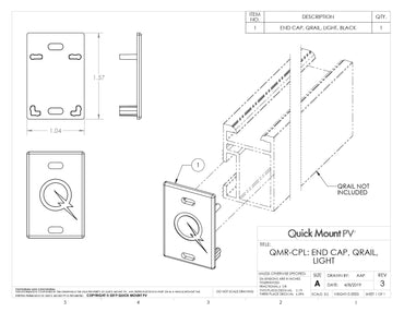 Technical engineering drawing for the QMR-CPL-B-50 roof rail end cap (QMR-CPL: End Cap, QRail, Light), featuring dimensional diagrams of 1.57 inches in height and 1.04 inches in width. The drawing includes an isometric view showing the black plastic cap with an embossed "Q" logo being inserted into the open end of a QRail Light profile.