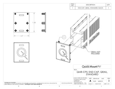 Technical engineering drawing for the QMR-CPS-B-50 aluminum end cap (QMR-CPS: End Cap, QRail, Standard), featuring dimensional diagrams of 1.89 inches in height and 1.47 inches in width. The drawing includes an isometric view showing the black plastic cap with an embossed "Q" logo being inserted into the open end of a QRail Standard profile.