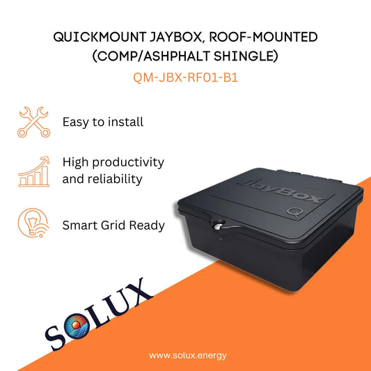 Marketing graphic for the QuickMount Jay Box, Roof Mounted, QMR-WC-A-300 (QM-JBX-RF01-B1), featuring a durable, UV-resistant black plastic junction box designed for composition asphalt shingle roof applications. The image includes SOLUX branding and icons for easy installation, high productivity and reliability, and smart grid readiness.
