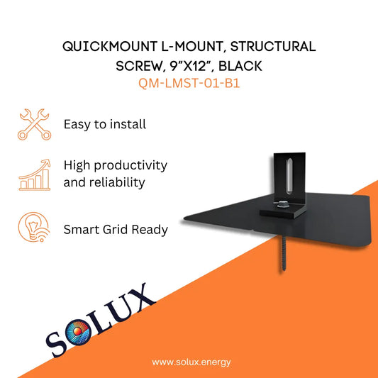 Marketing graphic for QuickMount L-Mount Structural Screws for Framing 9”x12” (QM-LMST-01-B1), featuring a black-finished L-foot bracket and mounting plate with a structural wood screw. The image includes SOLUX branding and icons for easy installation, high productivity/reliability, and smart grid readiness.