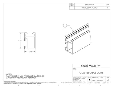 Technical drawing of QMR-RL14-A-60 quick mount rail. Shows profile dimensions 1.567" x 1.056", 3D view, mill/black options, and 0.50 lb/ft weight.