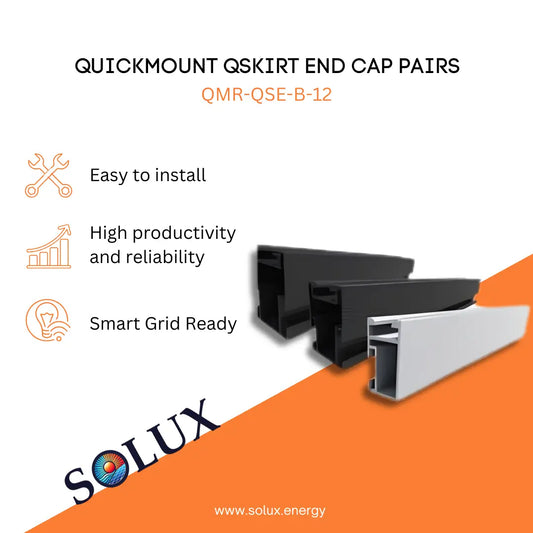 Marketing graphic for QuickMount QSkirt End Cap Pairs (QMR-QSE-B-12), featuring black L-shaped metallic end caps. Includes SOLUX branding and icons for easy installation, high productivity/reliability, and smart grid readiness.