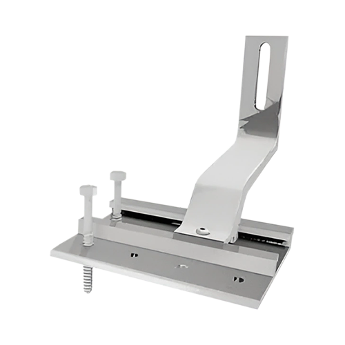 A high-resolution product image of QMHLS-NF-A-12 (QuickMount PV Low Height Quick Hook), featuring a mill-finish aluminum tile hook with an adjustable 6-inch base plate and two stainless steel lag screws. The hook is designed for side-mounted rails on tile roofs and features a serrated vertical slot for precise rail leveling and height adjustment.