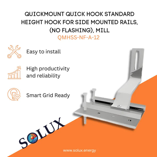 Marketing graphic for the QuickMount PV Hook Standard Height For Side Rail, Mill (QMHSS-NF-A-12), featuring a silver mill-finish aluminum tile hook assembly designed for side-mounted rails without flashing. The image includes SOLUX branding and icons for easy installation, high productivity/reliability, and smart grid readiness.