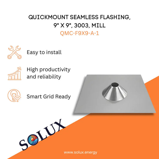 Marketing graphic for the QuickMount Seamless Mount Flashing, 9" x 9", 3003, Mill (QMC-F9X9-A-1), featuring a square mill-finish aluminum flashing plate with a centered cone for structural attachment integration. The image includes SOLUX branding and icons for easy installation, high productivity and reliability, and smart grid readiness.